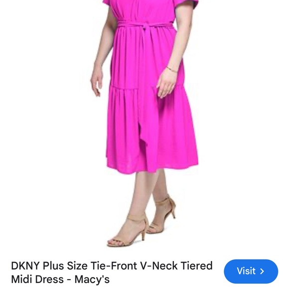 DKNY tiered midi dress in bright pick. Toe front and v neck. - Picture 2 of 5